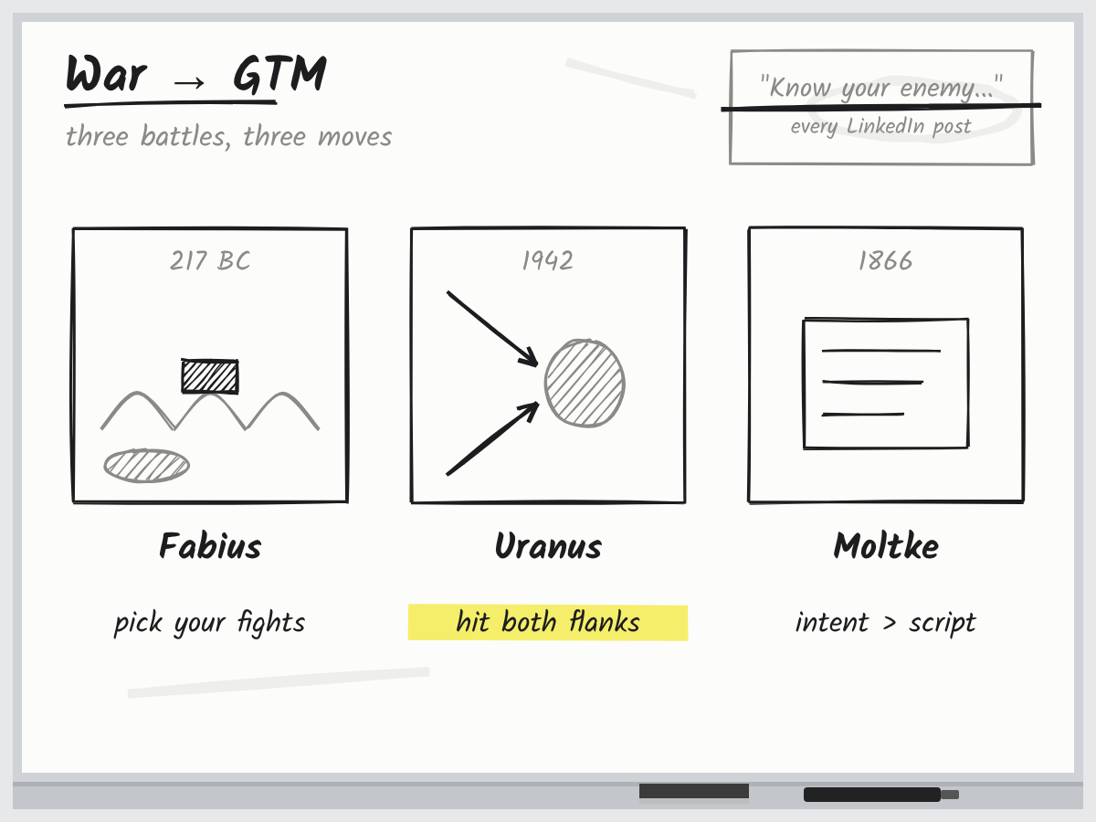 A whiteboard with three battles mapped to three GTM moves