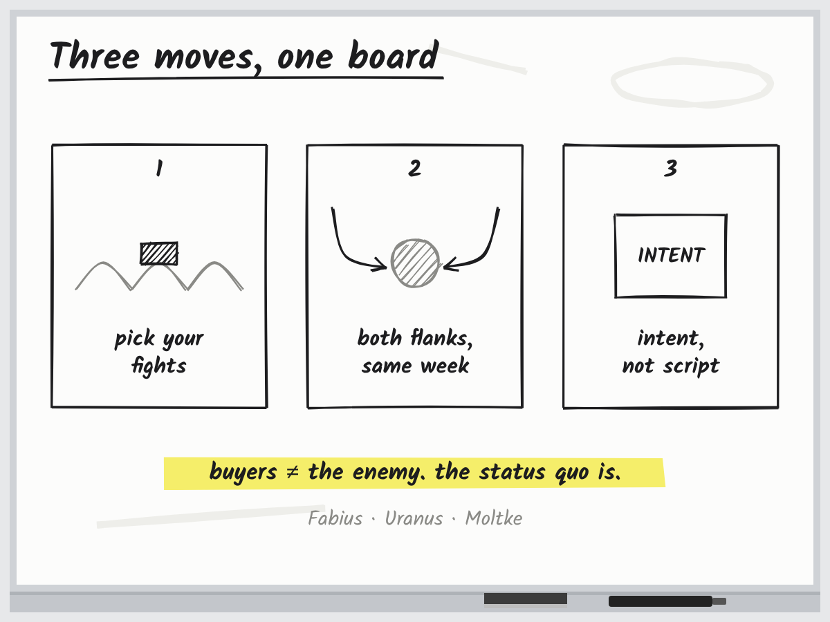 The three moves side by side: pick your fights, both flanks at once, intent over script